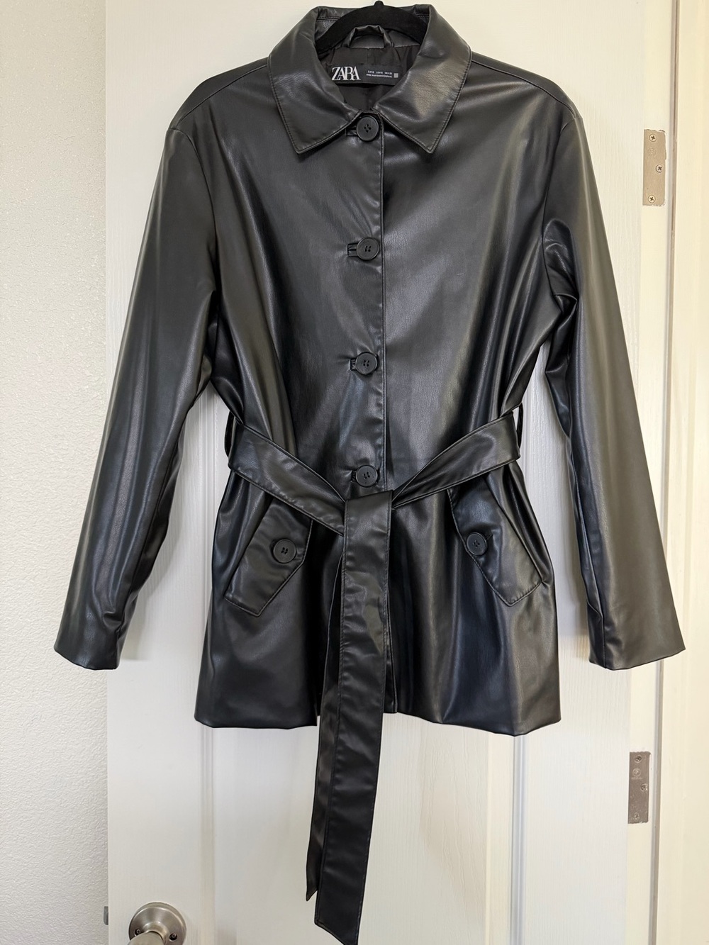 ZARA Black Faux Leather Button-Belt Jacket